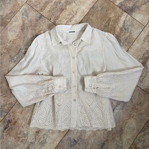 Ellie Tahari Cream Eyelet Button Up Bohemian Western Linen Blouse Y2K Cottage